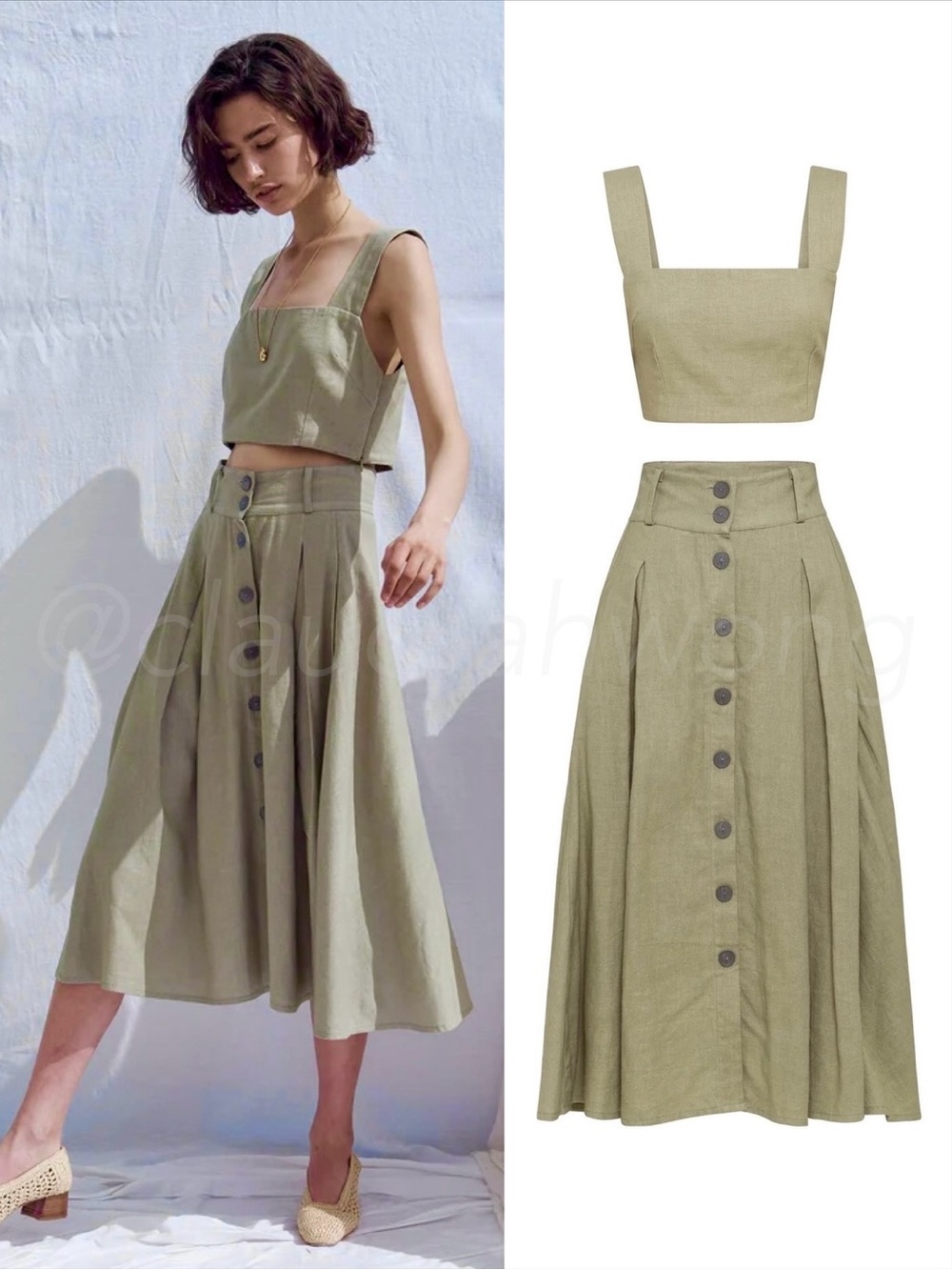 ALL THAT REMAINS Linen Una Top + Faye Midi Skirt SET in Sage Green